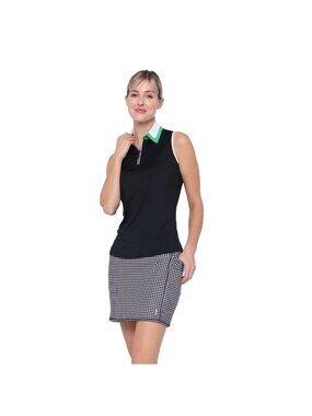 NEW Belyn Key Women XS Tri Birdie Sleeveless Polo Golf Shirt 1/4-Zip Black Green